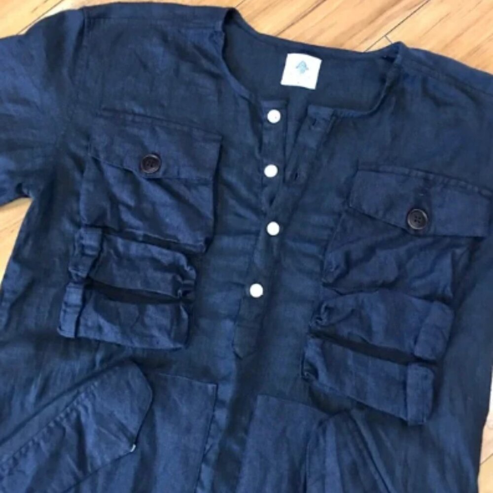 18 East Mfg utility linen blouse shirt top navy blue pockets camping baggy small